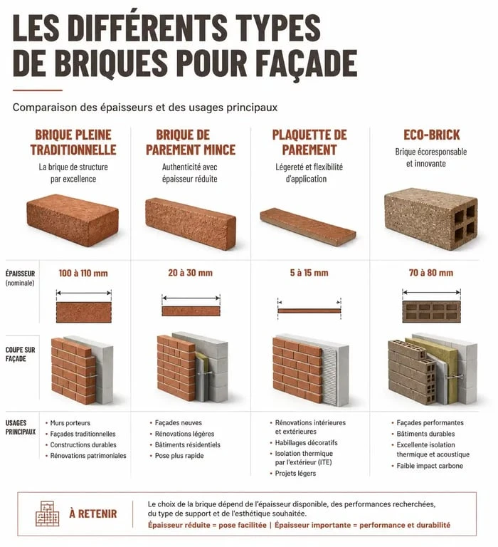 Comparatif des types de briques pour façade en brique : épaisseurs et usages