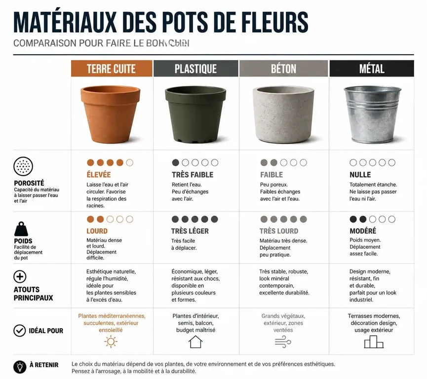 Infographie comparative des matériaux pour pot de fleurs : terre cuite, plastique, béton et métal