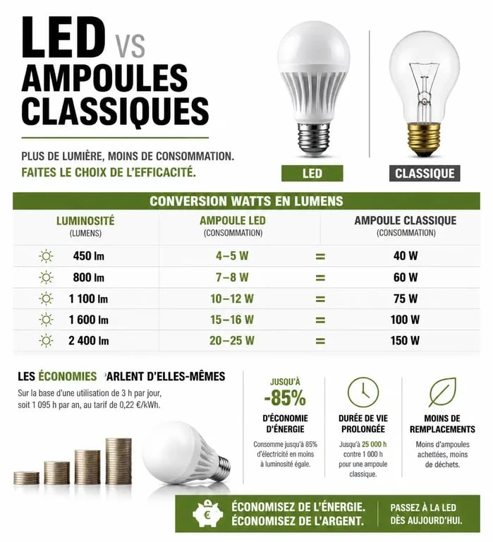 Infographie comparative des ampoules économiques LED et classiques
