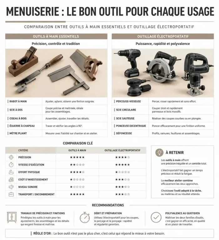 Infographie comparative des outils pour menuisier : outils à main et électroportatifs