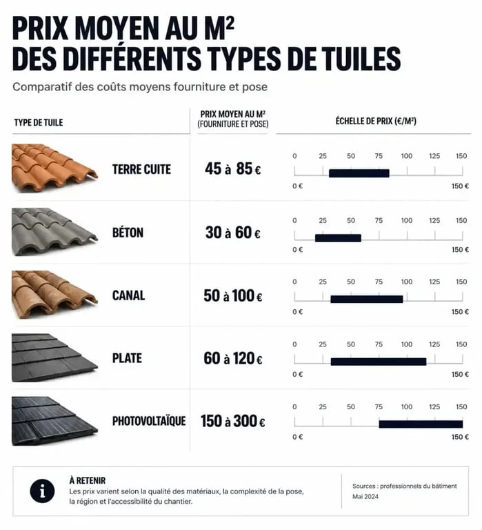 Comparatif des prix moyens au m2 des différents types de tuiles pour toiture