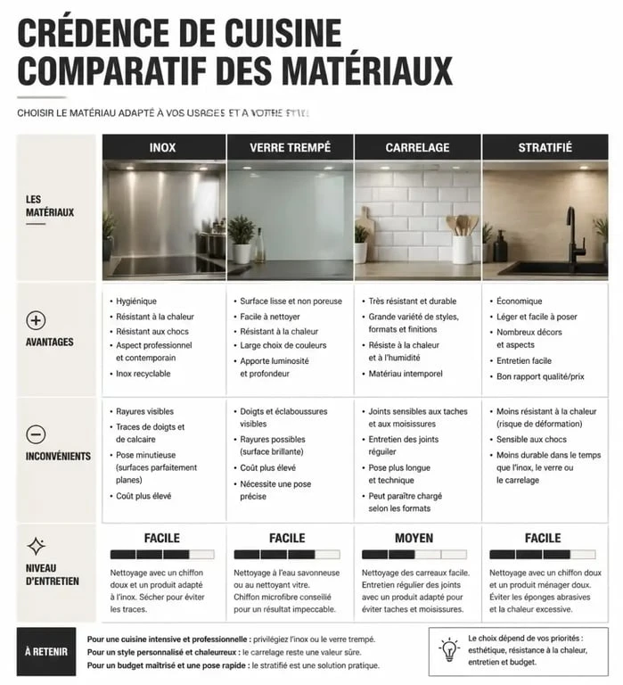 Infographie comparative des matériaux pour choisir sa crédence de cuisine : inox, verre, carrelage et stratifié.
