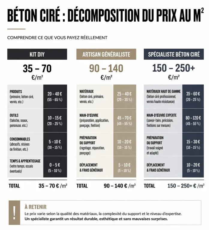 Comparatif des prix au m² du béton ciré selon le type de pose : kit DIY, artisan généraliste ou spécialiste.