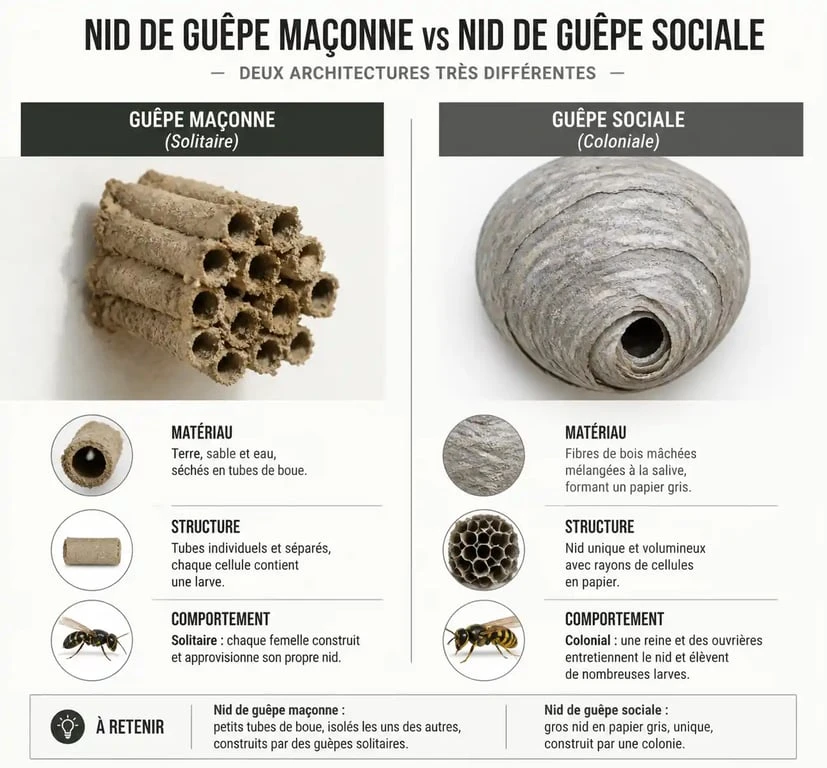 Différence visuelle entre un nid de guêpe maçonne en terre et un nid de guêpe sociale pour identifier un nid de guêpe maçonne