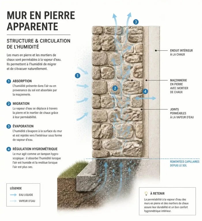 Schéma technique d'une façade en pierre apparente montrant la structure et le mortier de chaux