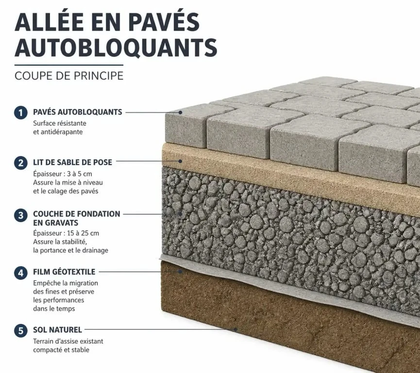 Schéma en coupe de la structure de pose de pavés autobloquants