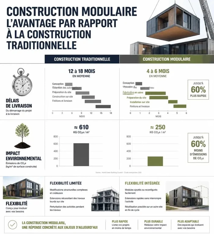 Infographie comparative : construction de bureaux modulaires vs construction traditionnelle