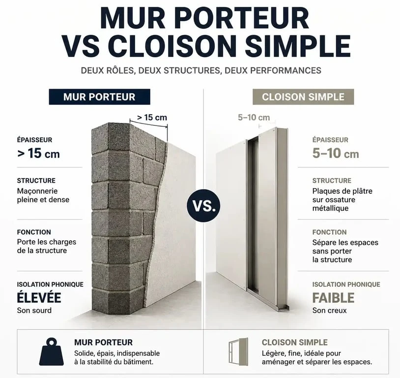 Infographie comparative pour reconnaitre un mur porteur d'une cloison simple