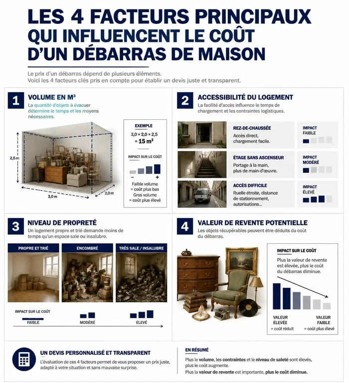 Infographie des facteurs influençant le prix d'un débarras maison