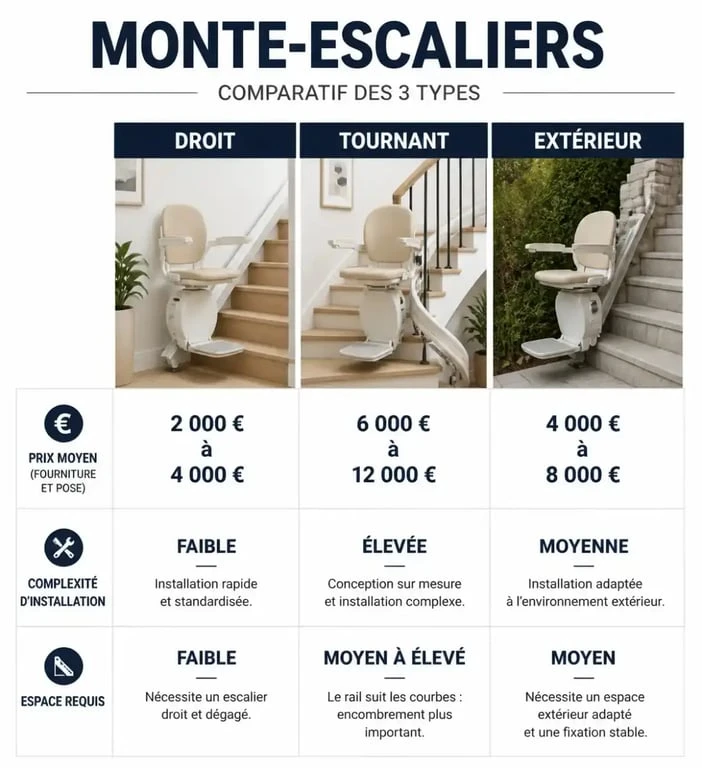 Comparatif des types de monte-escaliers : droit, tournant et extérieur avec prix et caractéristiques