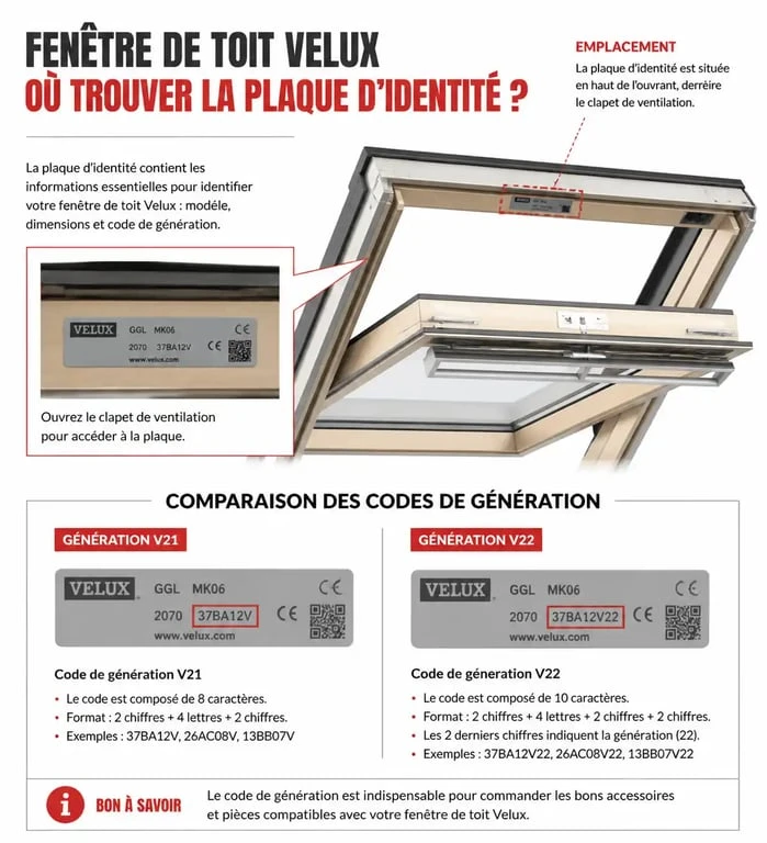 Schéma explicatif pour identifier la génération de votre fenêtre Velux et choisir le bon moteur électrique.