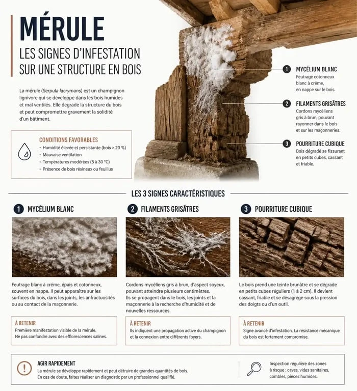 Infographie des signes d'infestation de mérule sur bois