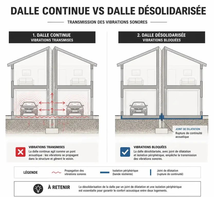 Schéma comparatif de l'isolation phonique d'une maison mitoyenne par le garage avec dalle continue ou désolidarisée