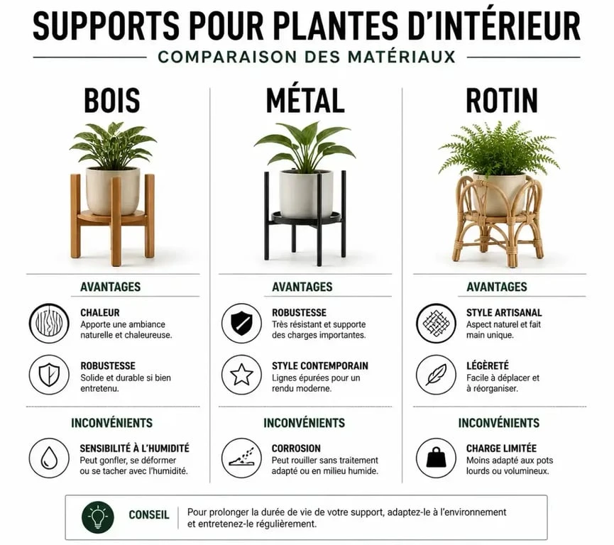 Infographie comparative des matériaux pour support de plante d'intérieur : bois, métal et rotin pour choisir le meilleur support pour vos plantes.