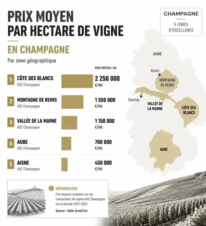 Infographie des prix moyens d'un hectare de vigne en Champagne par zone géographique