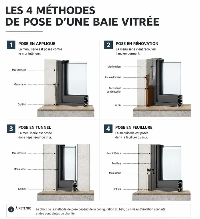 Schéma technique des différentes méthodes d'installation d'une baie vitrée : applique, rénovation, tunnel et feuillure.