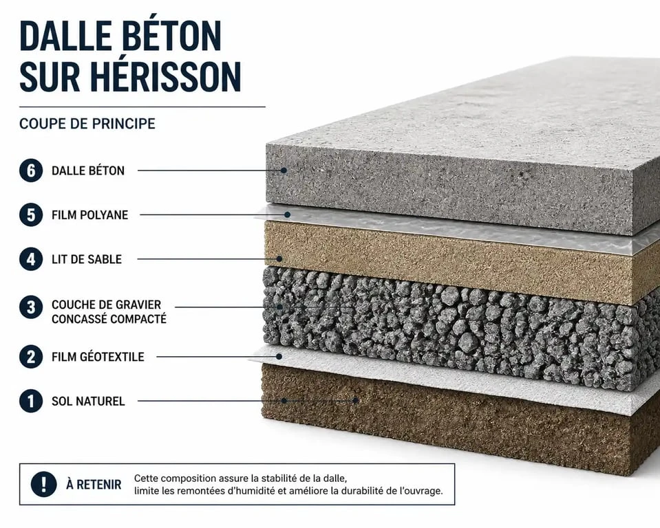 Schéma technique des couches de préparation pour une dalle béton avec gravier sous dalle
