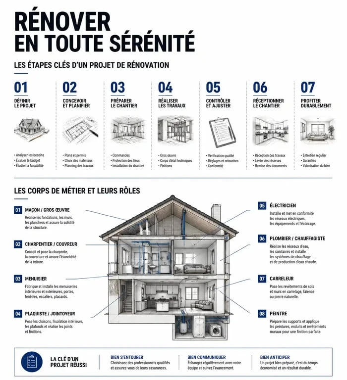 Infographie des étapes de rénovation et rôles des artisans du bâtiment pour réussir ses travaux