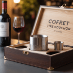 Coffret tire bouchon en bois avec accessoires et bouteille de vin