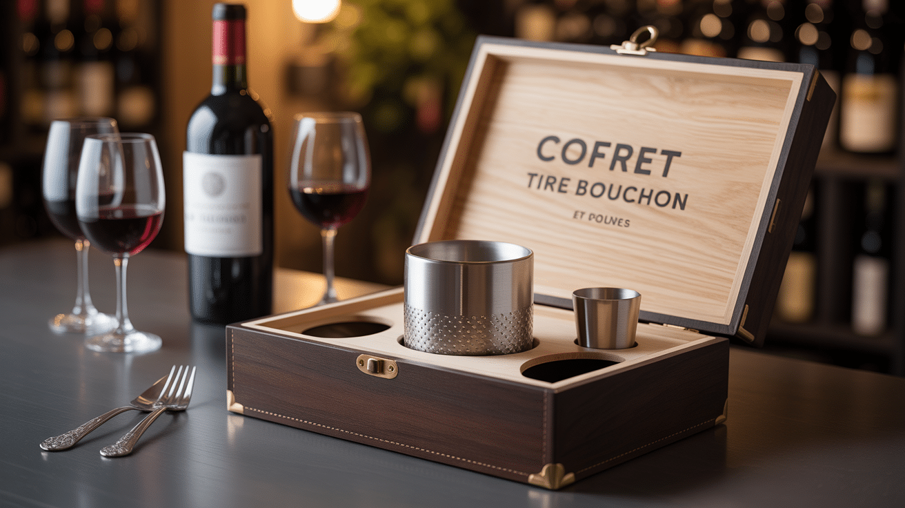 Coffret tire bouchon en bois avec accessoires et bouteille de vin