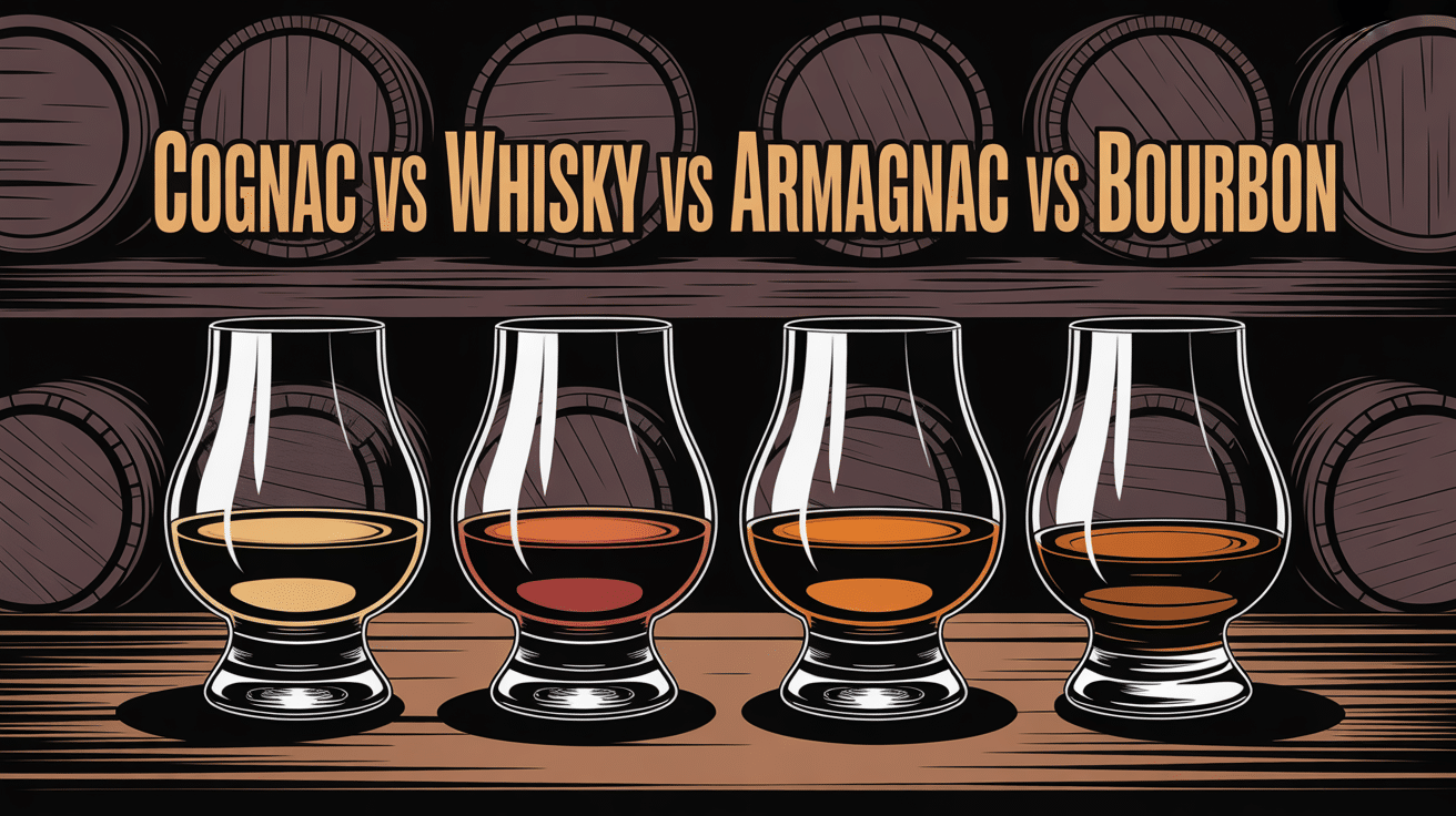 cognac vs whisky vs armagnac vs bourbon verres alignés ambiance cave