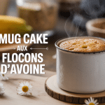 Mug cake flocon d’avoine dans une tasse blanche sur table bois avec ingrédients