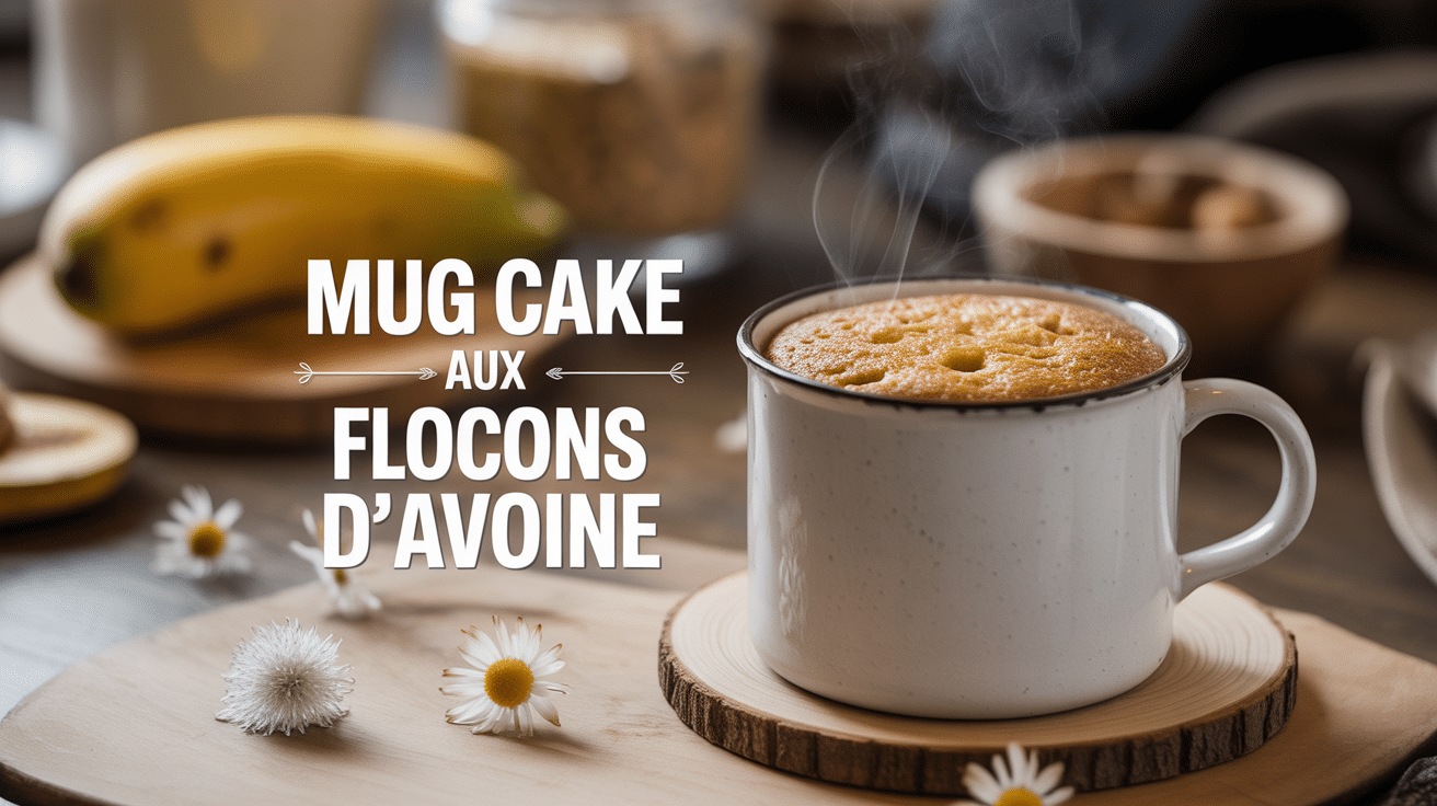 Mug cake flocon d’avoine dans une tasse blanche sur table bois avec ingrédients