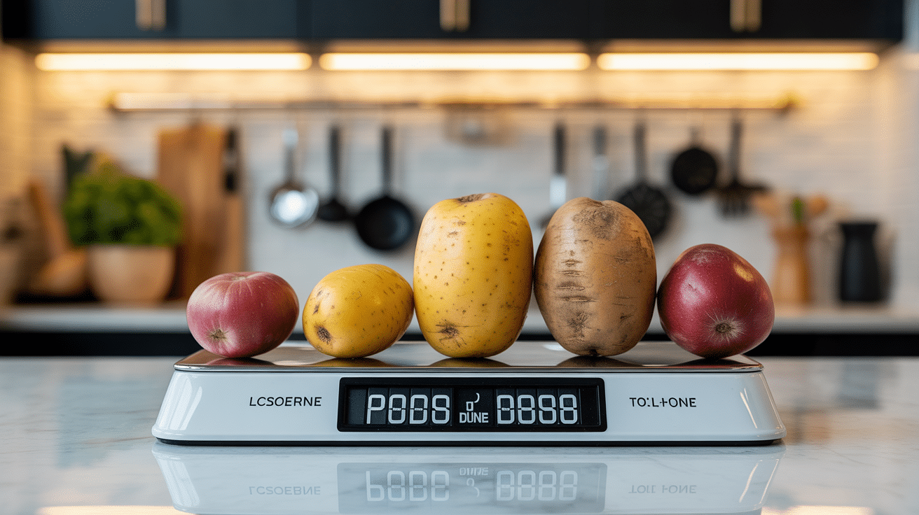 Différents poids pomme de terre sur balance cuisine