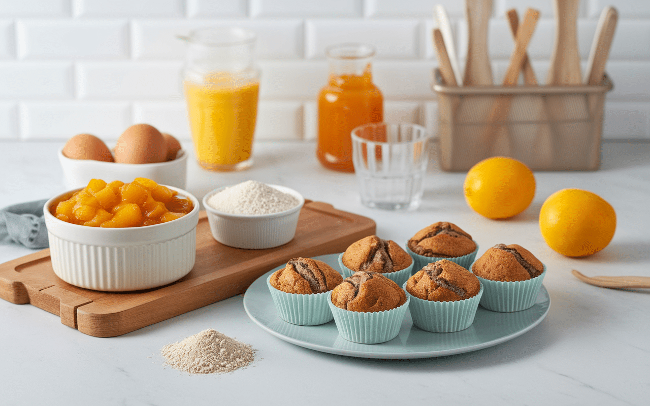 ingredients muffin compote de pomme disposés en cuisine