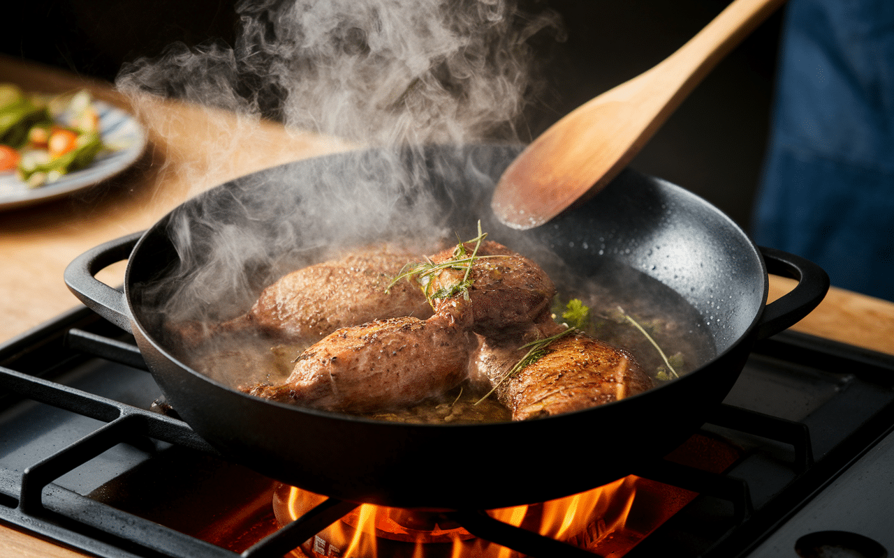 Gésiers en cuisson à la poêle pour recette de gésiers de canard