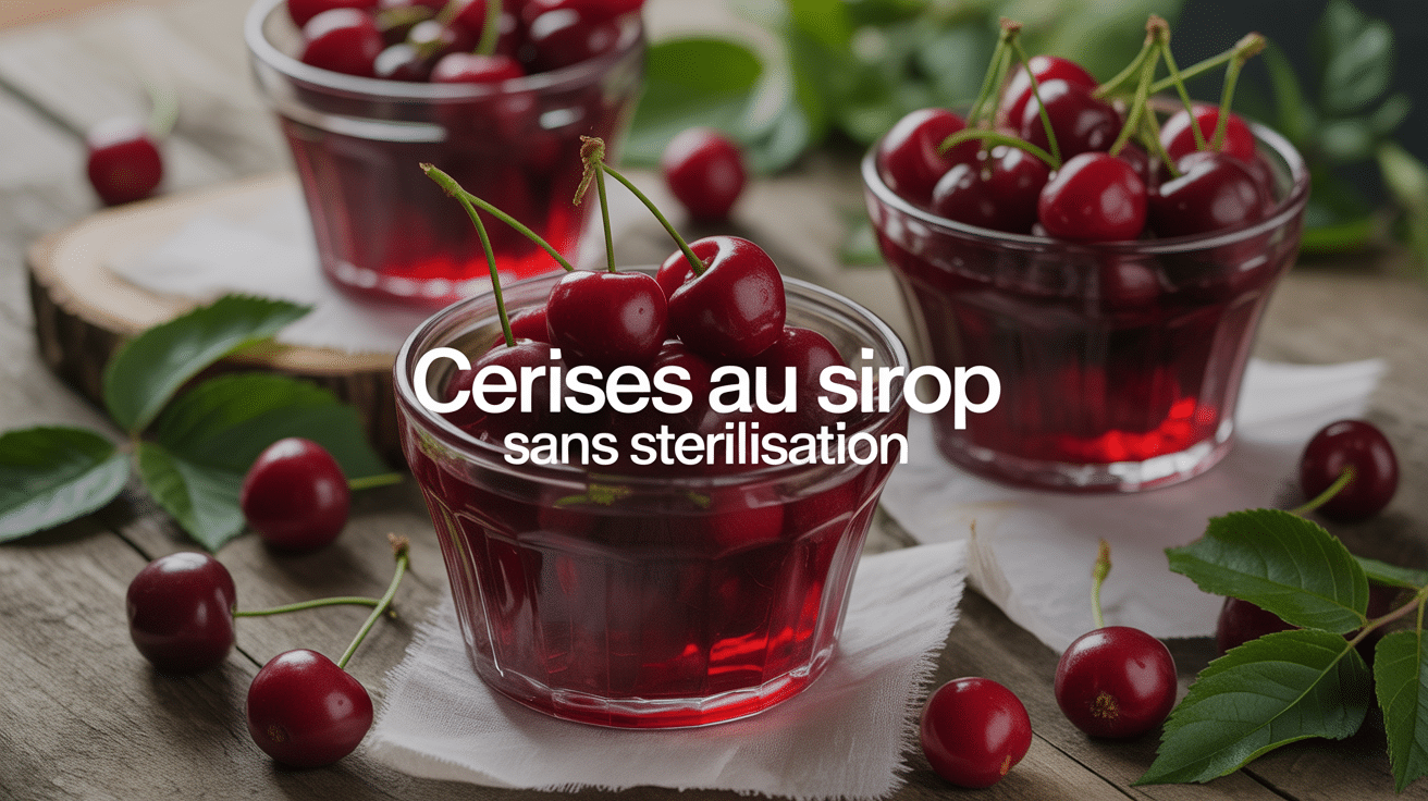 Bocaux de cerises au sirop sans stérilisation sur table en bois