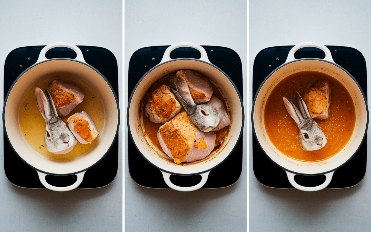 Lapin cocotte minute étapes cuisson dorure et sauce