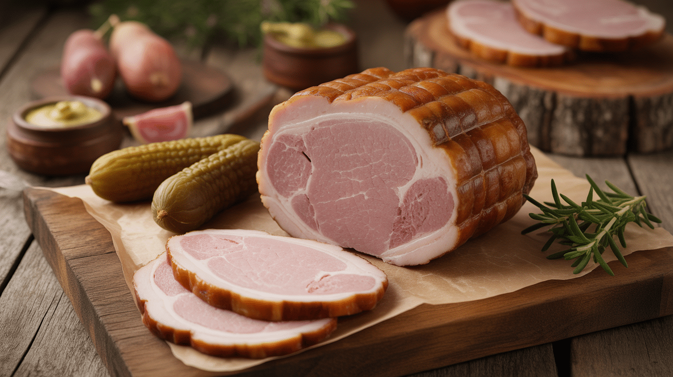 Galantine de porc artisanale tranchée avec cornichons