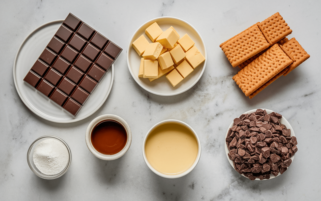 Ingrédients pour marquise au chocolat avec biscuit sur plan de travail
