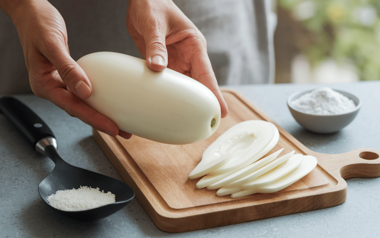 main coupe aubergine blanche pour recettes aubergine blanche