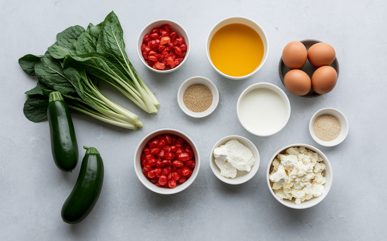 ingrédients quiche aux legume sans pate sur plan de travail