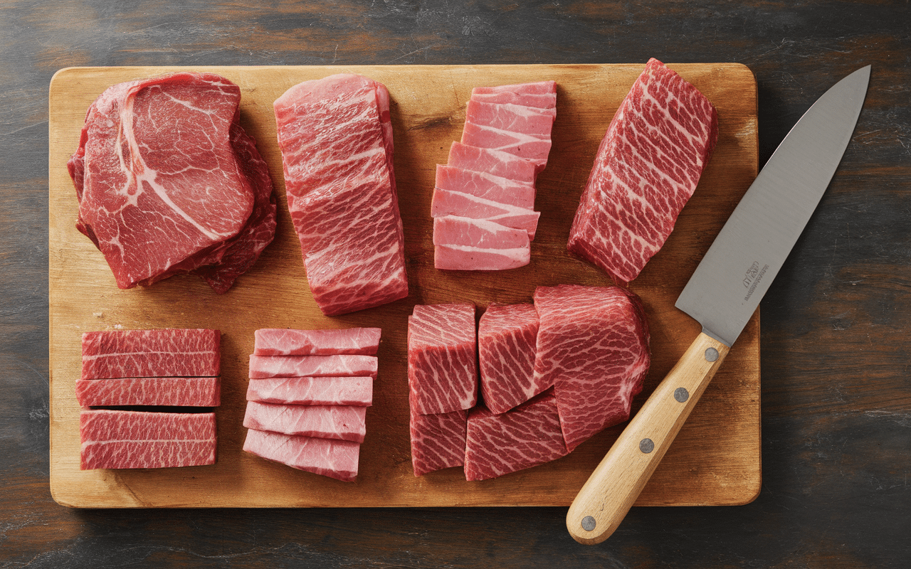 Découpe viande fraîche pour recette viande à fondue à la poêle