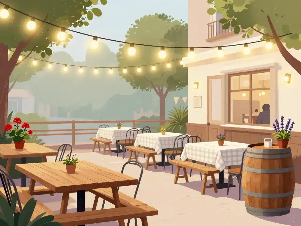 ambiance terrasse guinguette avec guirlandes et chaises bistrot