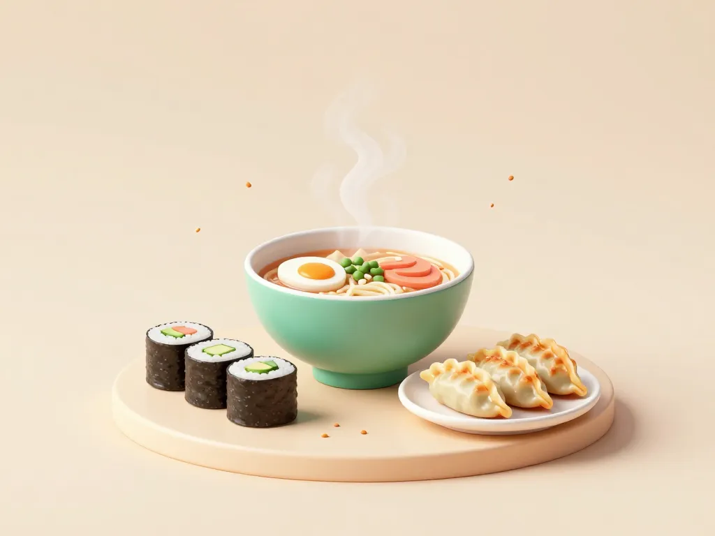 Visuel 3D de classiques japonais maison: ramen, maki, gyozas