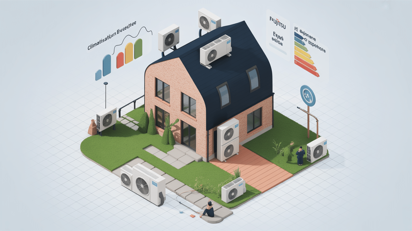 Illustration isométrique fujitsu climatisation maison et pro