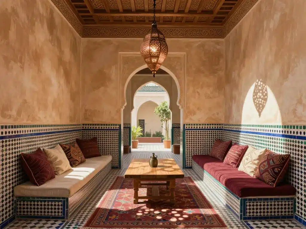 Salon de maison marocaine traditionnelle avec sedari, lanternes et zellige