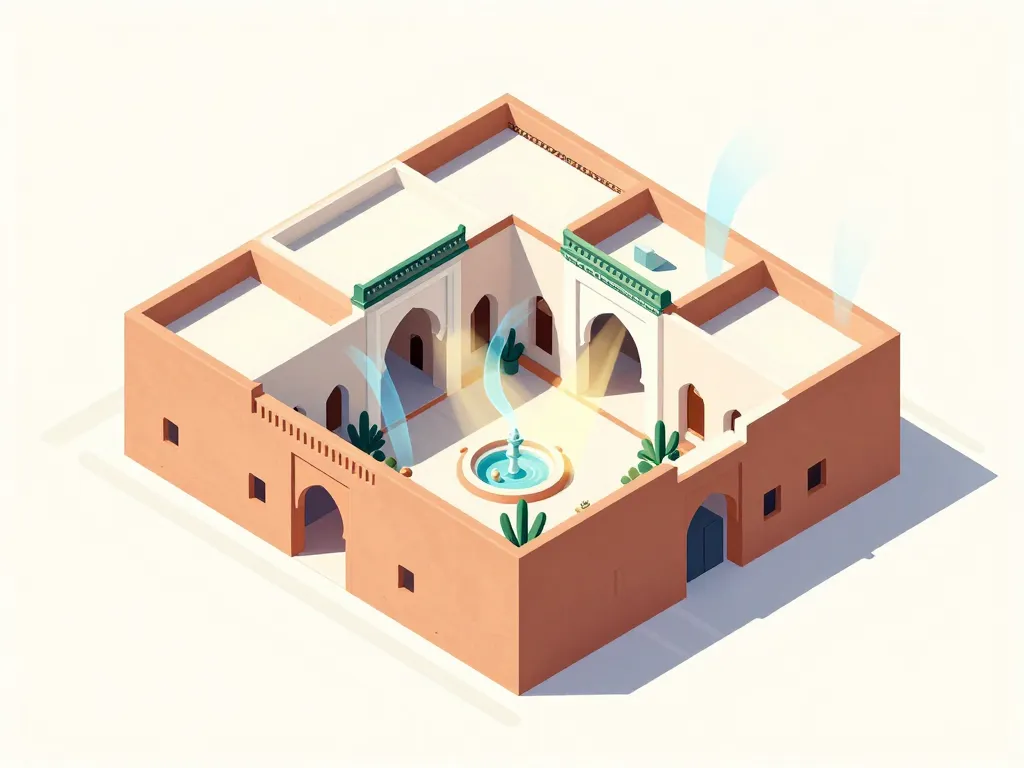Schéma isométrique d’une maison marocaine traditionnelle centrée sur un patio