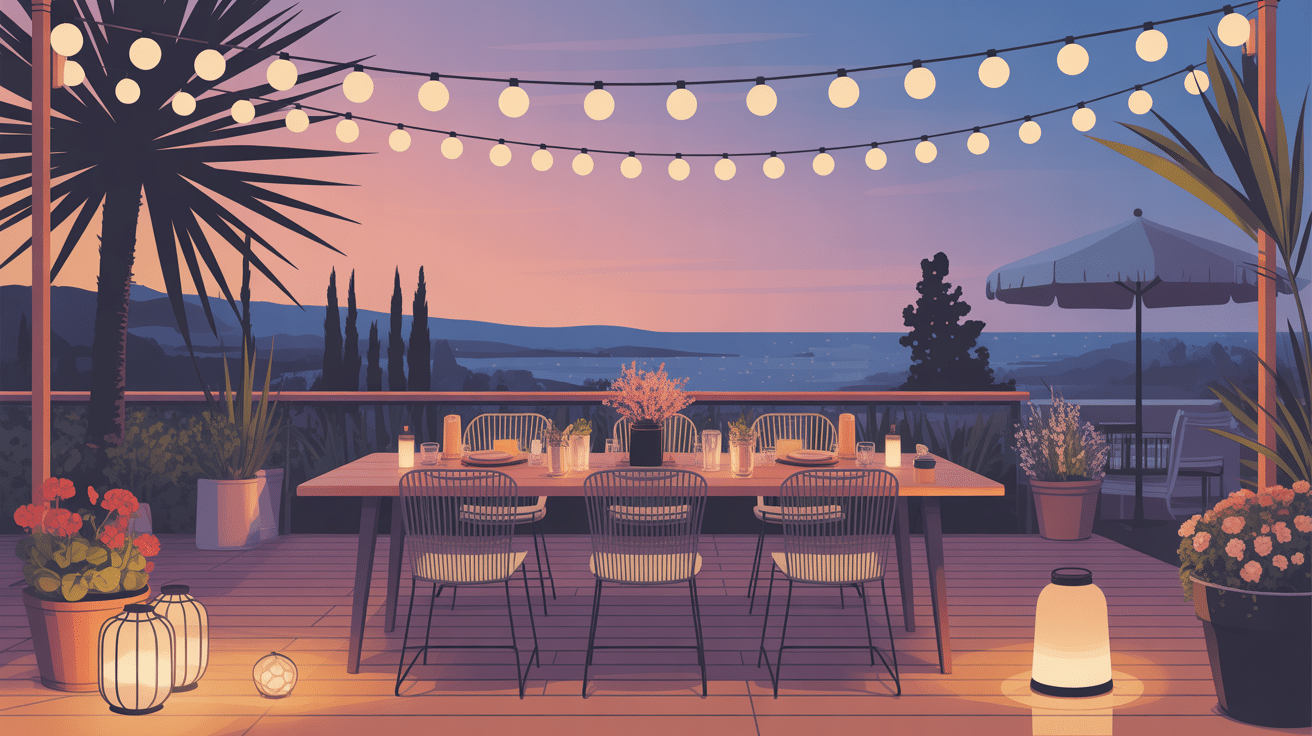 terrasse guinguette conviviale au crépuscule