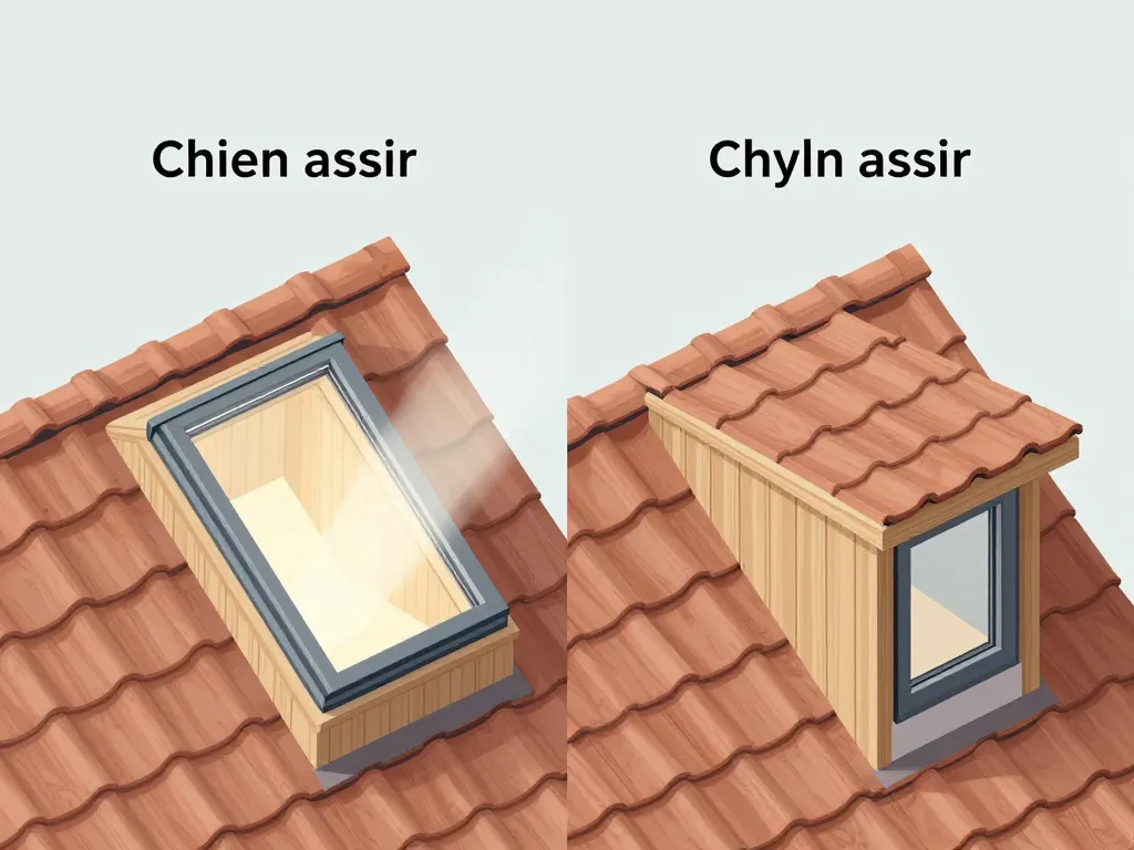 schéma toiture chien assis comparée à fenêtre de toit, volume habitable