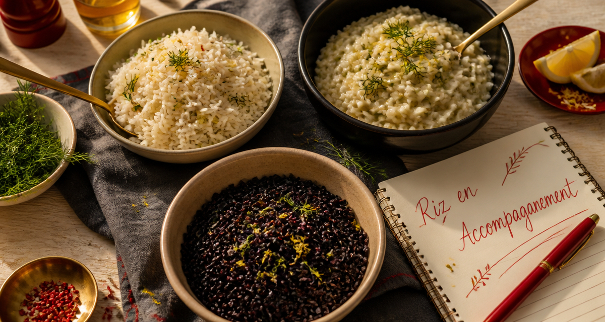 Riz en accompagnement recettes, bols de riz variés sur table élégante