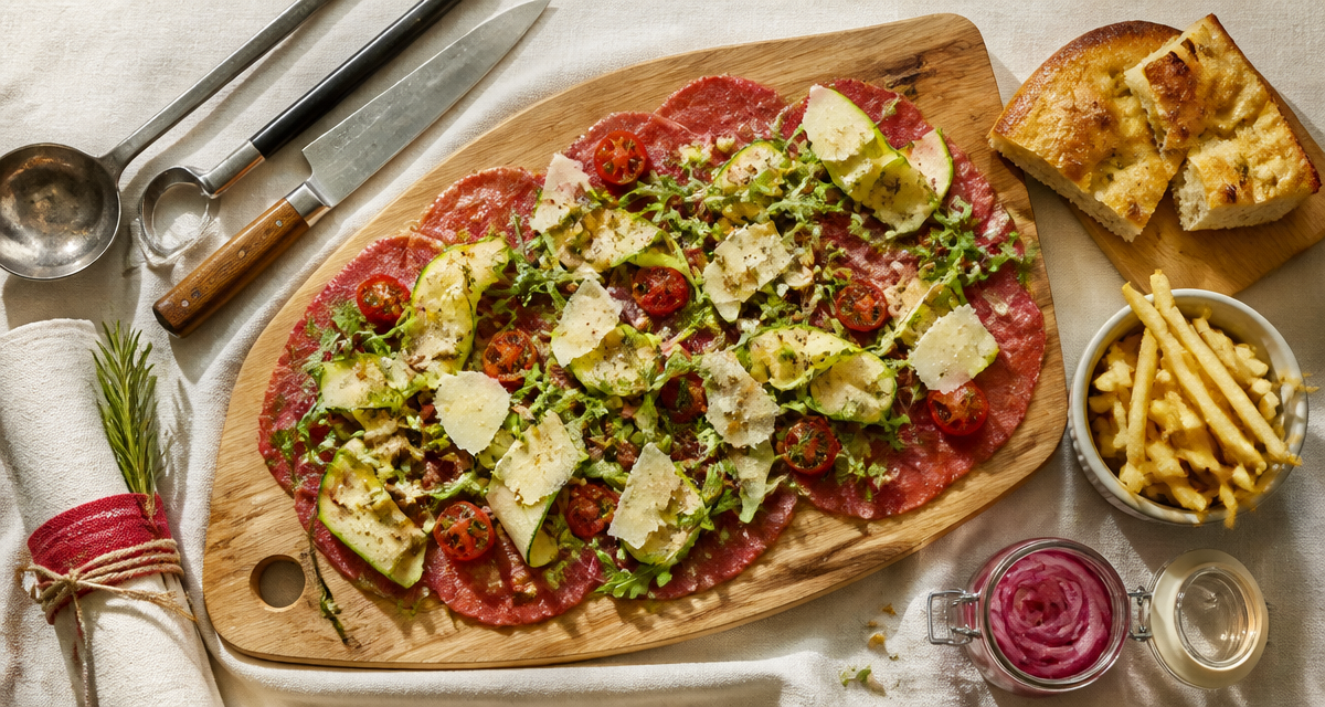accompagnement carpaccio de boeuf sur planche avec garnitures