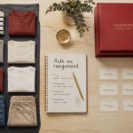 Aide rangement maison table organisée vêtements boîtes carnet