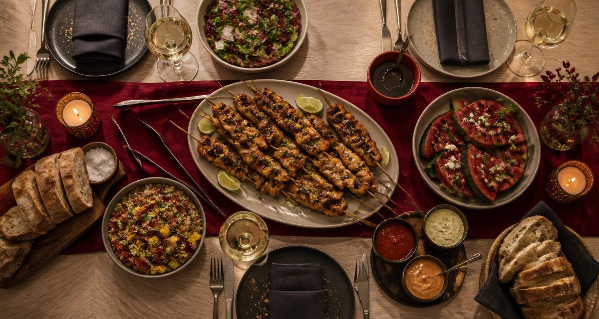Barbecue entre amis plat brochettes et salades