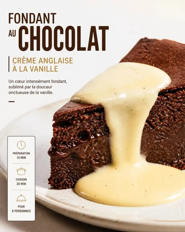 Gâteau pour accompagner une crème anglaise : fondant au chocolat nappé de crème vanillée