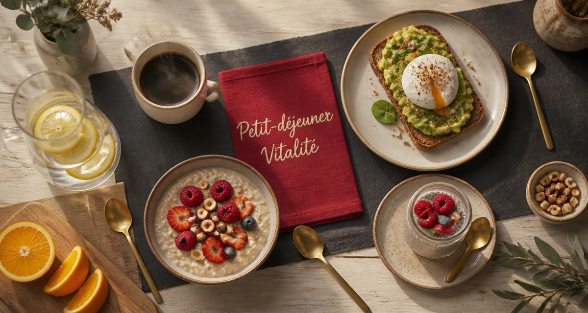 Petit dej équilibré recette avec porridge, avocado toast et chia pudding